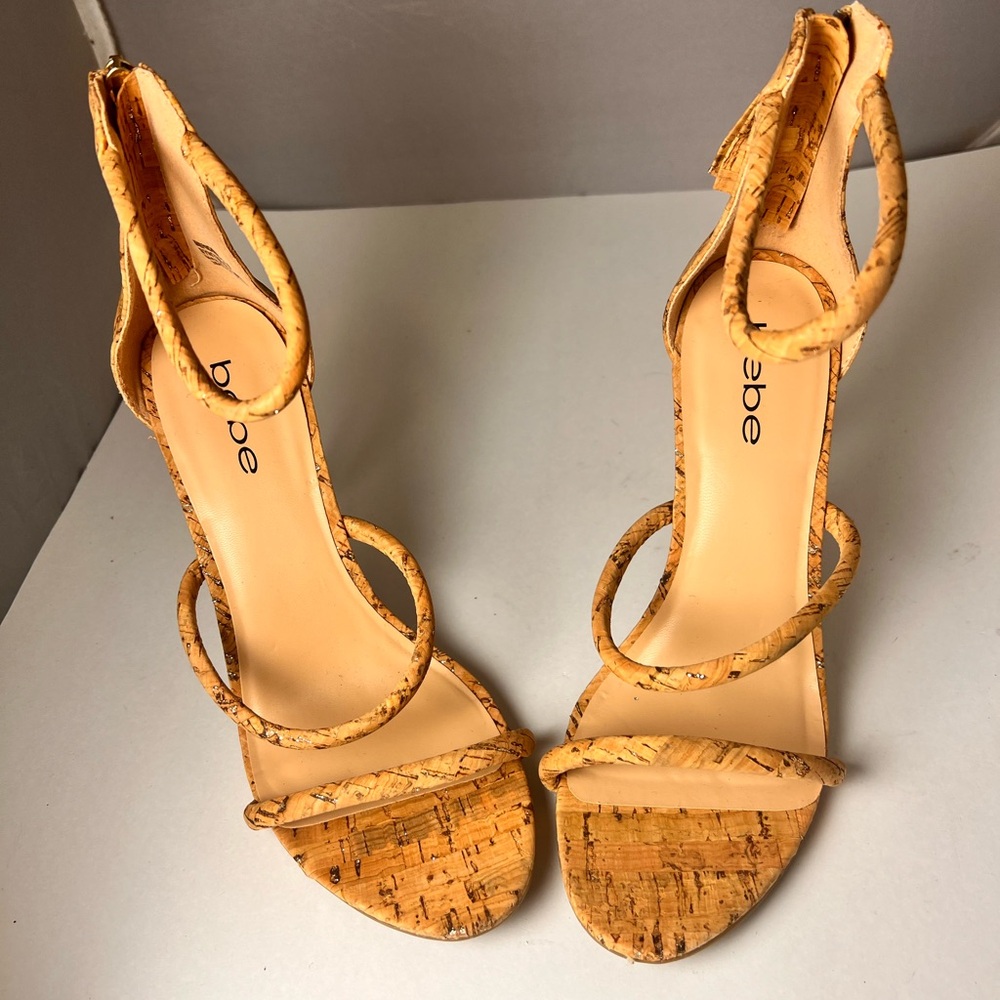 Bebe BERDINE Size 8 Glittery Cork Ankle Strap High Heels Classy Stylish - Picture 5 of 5